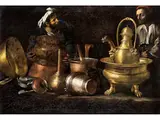 Küchenstillleben mit Messing- und Kupfergefässen Sowie Zwei Dienern by Giovanni Battista Recco, oil on canvas, offered Apr 2020