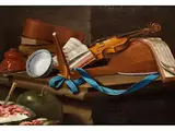 Stillleben mit Instrumenten und Früchten by Cristoforo Munari, oil on canvas, offered Sep 2025