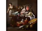 Grosses Küchenstillleben mit Einer Jungen Frau by Adriaen van Utrecht, oil on canvas, sold Jul 2018
