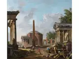 Capriccio mit dem Pantheon, der Basilika Maxentius und dem Tempel der Fortuna Virilis by Giovanni Paolo Panini, oil on canvas, offered Sep 2023