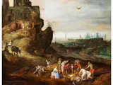 J. (1564-1635) Felsige Küstenlandschaft mit Fischern, die Ihre Ware Anbieten by Jan Brueghel d. Ä., oil on panel, sold Dec 2023