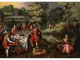 Festbankett mit Jagdszene und Schlossansicht by Sebastian Vrancx, oil on canvas, offered Dec 2023