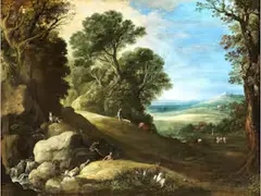 Landschaft mit Felsenquelle, Burgberg und Figurenstaffage by Paul Bril, oil on canvas, sold Jun 2026