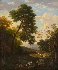Hirten mit ihrer Herde in bewaldeter, hügeliger Landschaft by Felix Meyer, oil on canvas, sold Jun 2015