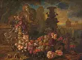 Üppiges Früchtestilleben mit Pfirsichen, Trauben und Melonen by Jan Pauwel Gillemans the Younger, oil on canvas, sold Dec 2014