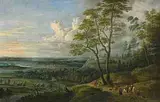 Weite Landschaft mit Reitern im Vordergrund by Lucas van Uden, oil on canvas, sold Dec 2014