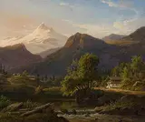 Gebirgslandschaft im Vinschgau mit Fluss und Dorf im Hintergrund by F.C. Kiærskou, 1841, oil on panel, offered Dec 2014