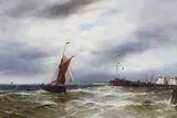 Fischerboot in den Hafen zurückkehrend by Gustave de Breanski, oil on canvas, sold Dec 2014