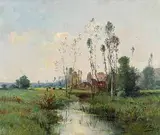 zugeschrieben Flusslandschaft mit einem Städtchen im Hintergrund by Charles Joseph Bosquier, oil on canvas, sold Dec 2014