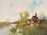Flusslandschaft mit Dorf by Eugène Galien-Laloue, oil on canvas, sold Dec 2014
