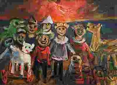 Toys in a sunset by Yosl Bergner, oil, sold Dec 2014