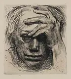 Selbstportrait mit der Hand an der Stirn by Käthe Kollwitz, 1913, drypoint, sold Dec 2014
