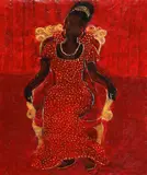 Portrait of a Woman in Red and Gold Dress by Raja Oshi, acrylic on paper, sold May 2026