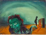 Surrealist Figural Scene by P. Sullivan, 1953, Oil on Canvas Board, sold Jun 2025
