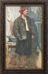 Woman with Red Scarf by Klavdia Erofeevna Balanova, circa 1950, Oil on Paper, sold Jun 2025