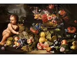 Stillleben mit Früchten, Putto und Einer Taube by Abraham Brueghel, oil on canvas, sold Sep 2019