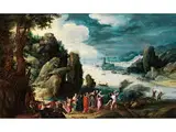 Fels- und Flusslandschaft mit Biblischer Szene "jesus Heilt Einen Besessenen" by Paul Bril, oil on panel, sold Sep 2018