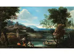 Idyllische Landschaft mit Anglern by Domenichino, oil on canvas, sold Sep 2018
