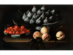 Stillleben mit Feigen auf Einer Servierschale und Teller mit Kirschen und Pfirsichen by Luis Egidio Meléndez, oil on canvas, sold Dec 2016