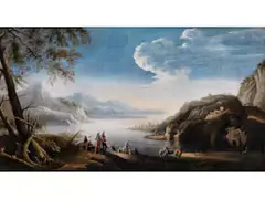Felsiges Küstenstück mit Fischern und Geharnischten by Salvator Rosa, oil on canvas, sold Mar 2026