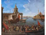 Venedig-vedute mit der Punta Della Dogana und san Giorgio Maggiore bei Ankunft Einer Delegation by Giuseppe Ponga 1856 Chioggia – 1925 Venedig, oil on canvas, sold Mar 2026