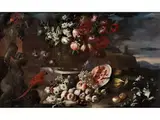 Früchtestillleben mit Melone und Blumenvase by Andrea Belvedere, oil on canvas, sold Jun 2023