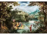Flusslandschaft mit Auffindung des Moses by David Vinckboons, oil on panel, sold Jun 2023