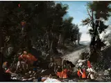 Affen Räubern Einen Krämer aus by Monogrammist A.A.O., oil on canvas, sold Mar 2024