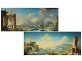 Hafenbucht bei Ruhigem Meer mit Antikem Monument by Leonardo Coccorante, oil on copper, sold Mar 2024