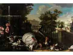 Parklandschaft mit Truthahn und Anderem Federvieh by Melchior de Hondecoeter, oil on canvas, offered Sep 2025