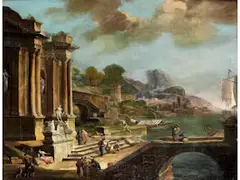 Capriccio mit Hafenansicht by Luca Carlevaris, oil on canvas, sold Mar 2022