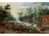Kanallandschaft mit Fuhrwerken und am Ufer Gelegenen Häusern by Jan Brueghel d.J., oil, offered Sep 2022