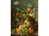 Früchtestillleben mit Ananas, Melone, Pfirsichen, Trauben und Rosen by Paul Theodor van Brussel, oil on panel, offered Dec 2020