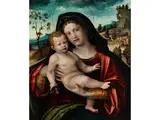 Maria mit dem Kind in Landschaft mit Biblischer Szene by Nicolo II Ursino V. Giolfino, oil on canvas, sold Dec 2018
