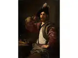 Junger Landsknecht am Esstisch mit Weinflasche by Nicolas Tournier, oil on canvas, offered Apr 2018