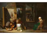 Ältere Dame in Einer Scheune mit Küchenutensilien by David Teniers d.J., oil on panel, sold Sep 2024