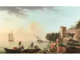 Küstenszene mit Turm, Schiffen und Figurenstaffage by Joseph Vernet, oil on canvas, sold Dec 2025