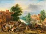 Dorflandschaft mit Fischmarkt by Théobald Michau, oil on panel, sold Mar 2024