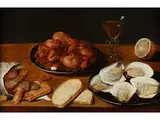 Feines Stillleben mit Austern, Backwerk, Zitrone und Weinglas by Osias Beert, oil on panel, sold Apr 2018