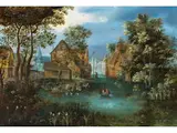 Dorfgracht by Jan Brueghel d. J., 1601 Antwerpen - 1678 ebenda, oil on panel, sold Mar 2023