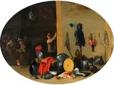 Rüstungen und Kriegsgerät vor Einer Landsknechtstaverne by David Teniers, oil on panel, sold Sep 2023