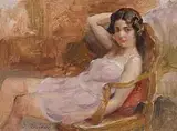 Jeune femme dans un fauteuil by Frédéric Dufaux, oil on board, offered Dec 2014