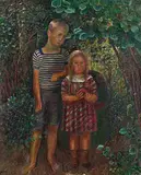 Knabe und Mädchen am Fass", 1922 by Hermann Huber, oil on canvas, sold Dec 2014