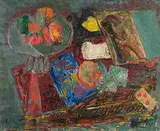 Stillleben mit Früchteschale und Spielkarte, 1951 by Adolf Herbst, oil on canvas, sold Dec 2014