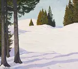 Tannen in hügeliger Winterlandschaft by Plinio Colombi, tempera, sold Dec 2014