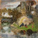 Flusslandschaft mit Personen by Albert Welti, watercolor, sold Dec 2014