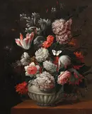 Nachfolger Stilleben mit Tulpen, Nelken und Pfingstrosen by Belin, Jean-Baptiste, gen. Bélin de Fontenay, oil on canvas, sold Sep 2014