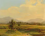 Wiesenlandschaft mit rastendem Bauernpaar im Vordergrund by Österreich, Mitte 19.Jh., oil on panel, sold Sep 2014