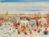Pferde in Landschaft mit gelb-blauem Himmel by Yves Brayer, watercolor, sold Sep 2014