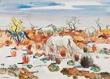 Pferde in Landschaft mit blauem Himmel by Yves Brayer, watercolor, sold Sep 2014